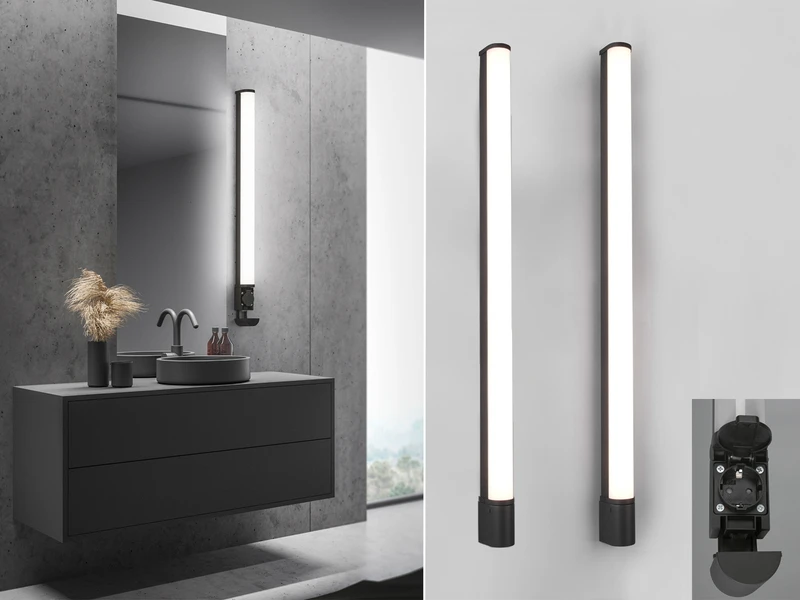 Trio Leuchten LED Bad Wandleuchten 2er Set Mit Steckdose Schwarz 119cm - Spiegelleuchte 1 Trio Leuchten LED Bad Wandleuchten 2er Set Mit Steckdose Schwarz 119cm - Spiegelleuchte